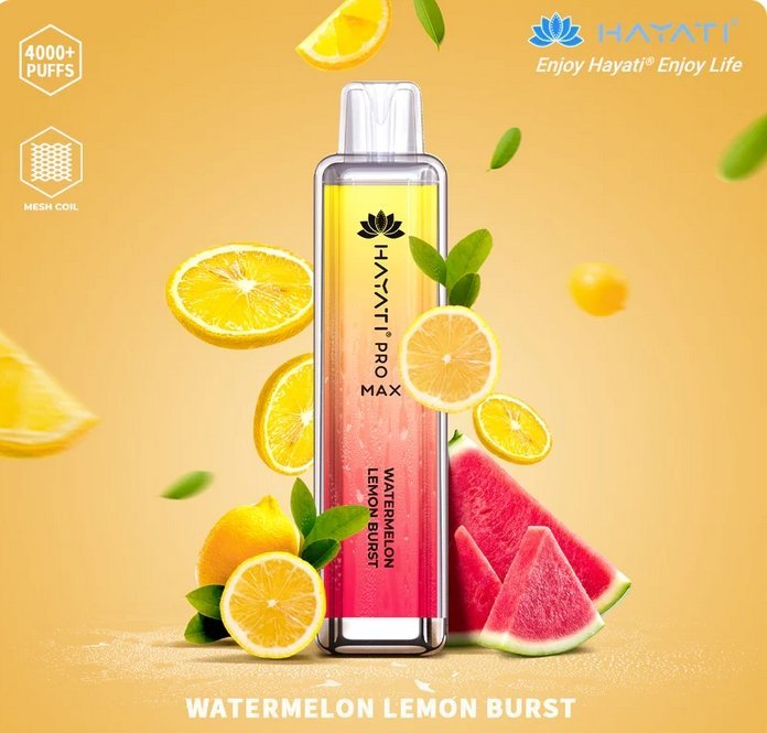 Bottle of  Hayati Pro Max 4000 Disposable Vape (Yellow+ Red)  of Watermelon Lemon burst flavours