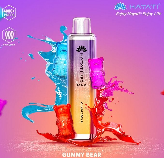 Bottle of  Hayati Pro Max 4000 Disposable Vape (Yellow+ purple) of Gummy Bear flavour