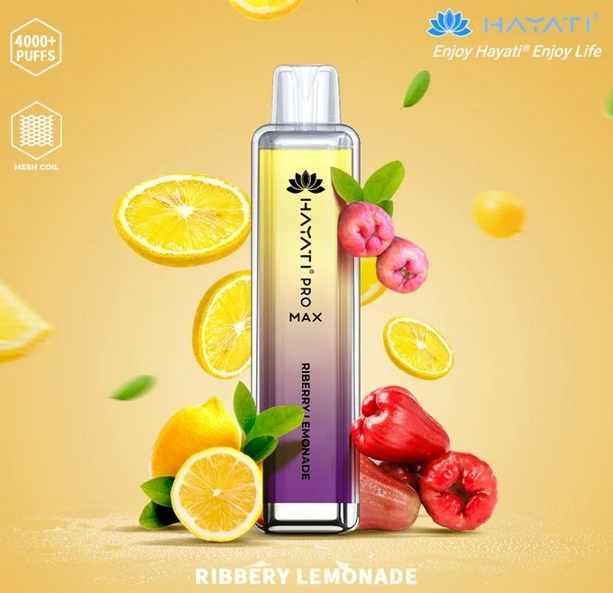 Bottle of  Hayati Pro Max 4000 Disposable Vape (Yellow+ purple) of Riberry lemonade flavour