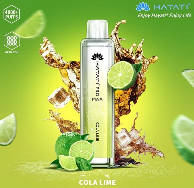 Bottle of  Hayati Pro Max 4000 Disposable Vape (silver+ green) of Cola Lime flavour