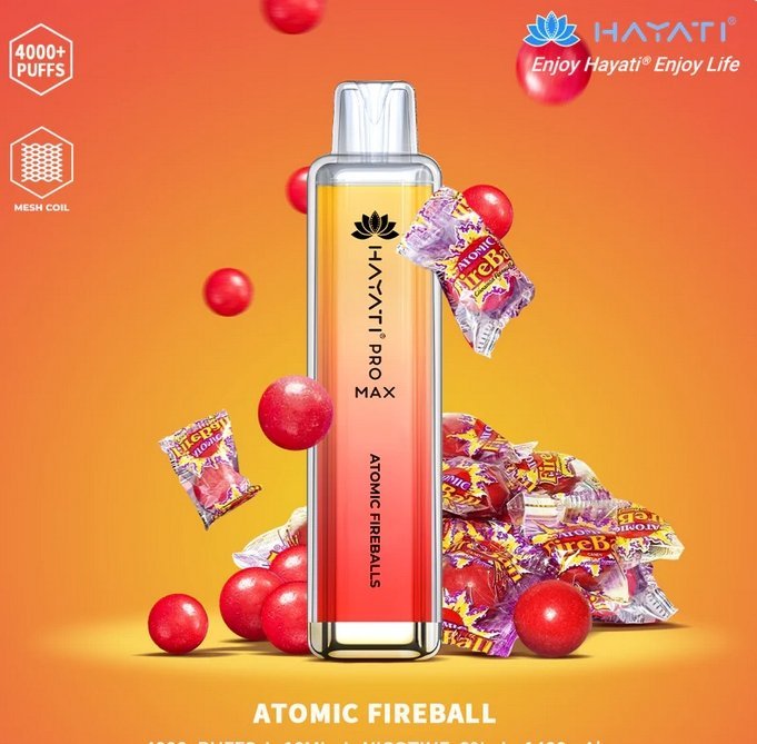 Bottle of  Hayati Pro Max 4000 Disposable Vape (Yellow+ Red) of Atomic Fireballs flavour