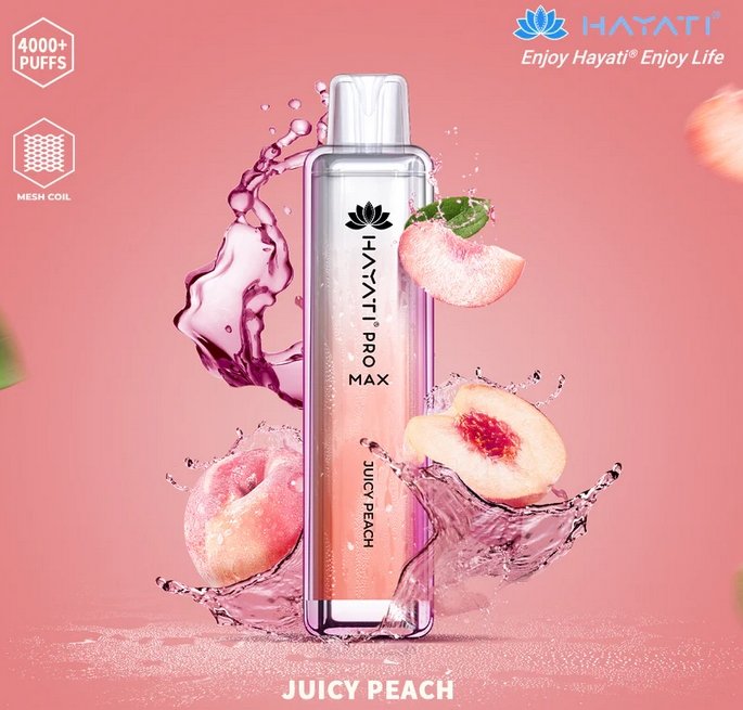 Bottle of  Hayati Pro Max 4000 Disposable Vape (Silver+ Pink) of Juicy Peach flavour