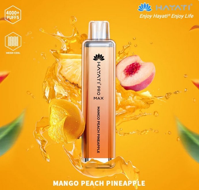 Bottle of  Hayati Pro Max 4000 Disposable Vape (Orange) of Mango peach Pineapple flavour