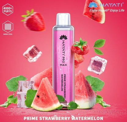 A colorful Hayati  pro max 4000 puffs bottle of  Prime Strawberry Watermelon  flavour.