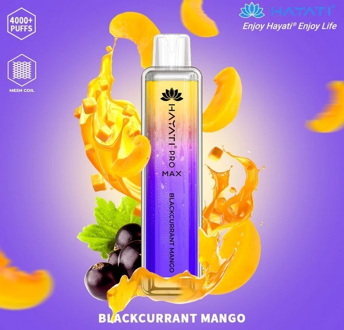 A colorful Hayati  pro max 4000 puffs bottle of  Blackcurrant Mango flavour .