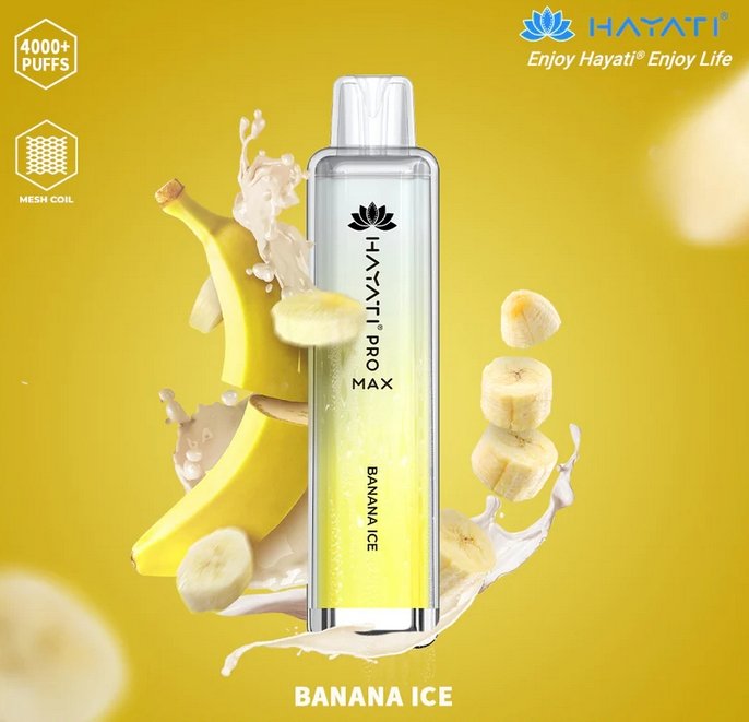 A colorful Hayati  pro max 4000 puffs bottle of Banana ice flavour.