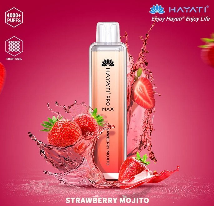 Hayati Pro Max 4000 puff bar pod kit featuring Strawberry mojito  flavour, with a splash of water enhancing its refreshing look.
