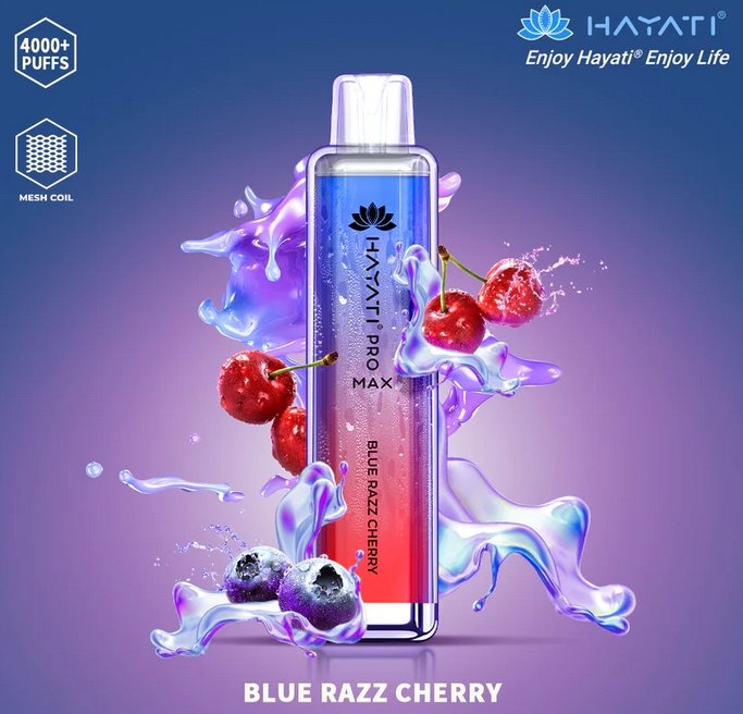 A colorful Hayati  pro max 4000 puffs bottle of  Blue Razz Cherry flavour 