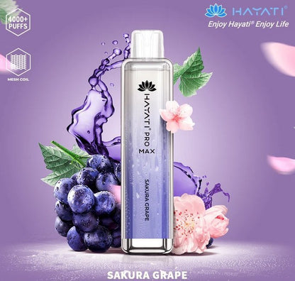 A colorful Hayati  pro max 4000 puffs bottle of  Sakura Grape flavour next to ripe Grapes,