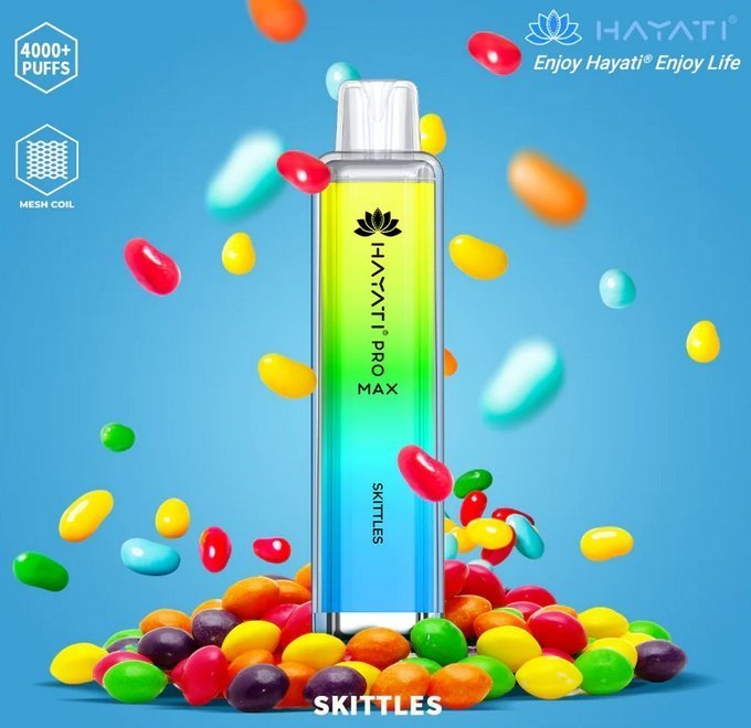 A bottle filled with liquid alongside a variety of colorful jelly beans, showcasing the Hayati Pro Max 4000 puff bar pod kit.