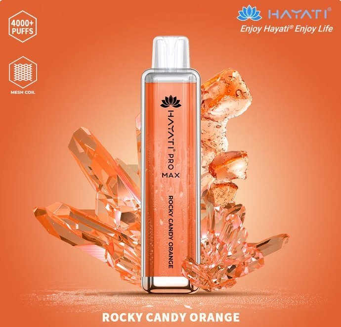 A colorful Hayati  pro max 4000 puffs bottle of  Rocky Candy orange flavour .