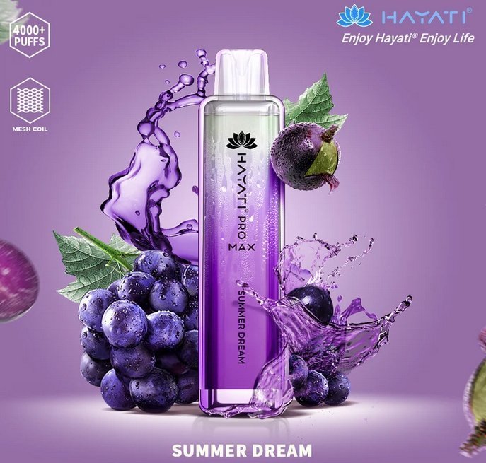 A colorful Hayati  pro max 4000 puffs bottle of  Summer Dream flavour next to ripe Grapes,