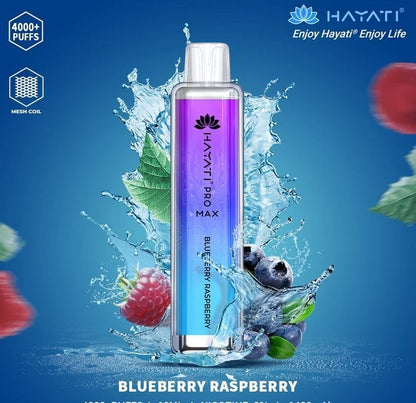 A colorful Hayati  pro max 4000 puffs bottle of Blueberry Raspberry flavour.