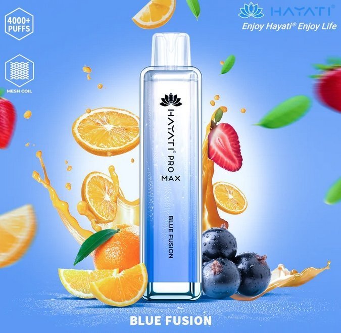 A colorful Hayati  pro max 4000 puffs bottle of  Blue Fusion flavour.