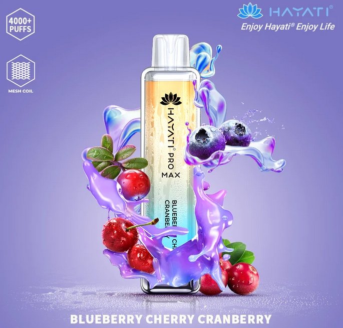 A colorful Hayati  pro max 4000 puffs bottle of  Blueberry Cherry Cranberry flavour.