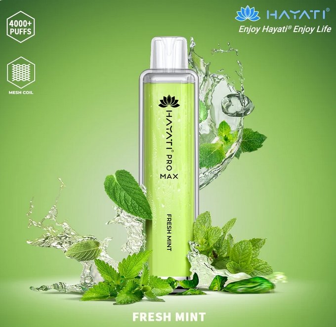 A colorful Hayati  pro max 4000 puffs bottle of Fresh Mint flavour.