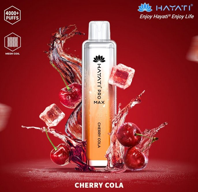 A colorful Hayati  pro max 4000 puffs bottle of Cherry Cola flavour next to ripe Cherries.