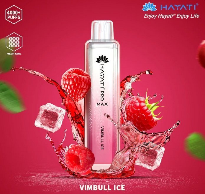 Hayati Pro Max 4000 puff bar pod kit featuring raspberry ice flavor, with a splash of water enhancing its refreshing look.
