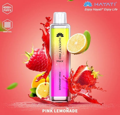 A colorful Hayati  pro max 4000 puffs bottle of  pink lemonade flavour next to Lemons and Strawberry.