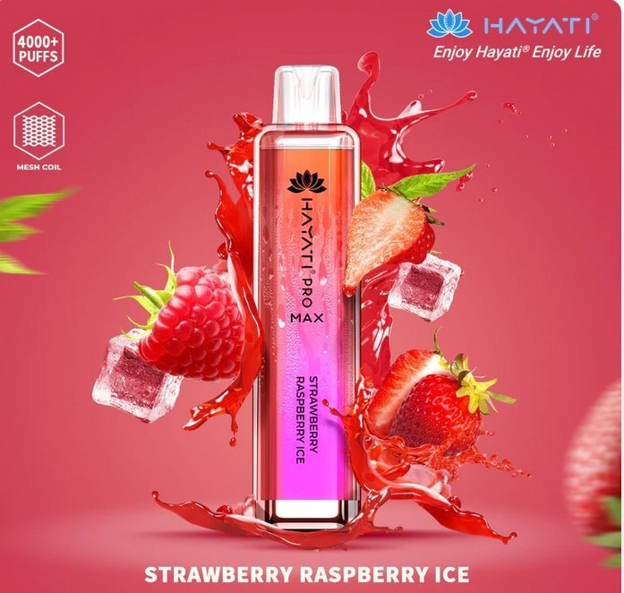 Hayati Pro Max 4000 puff bar pod kit featuring Strawberry  raspberry ice flavor, with a splash of water enhancing its refreshing look.
