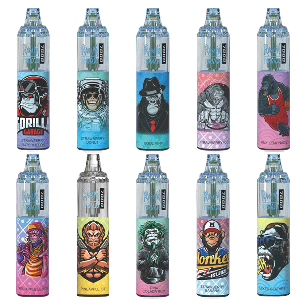  A collection of various e-cigarettes RandM Tornado 7000 puffs showcasing different designs and colors on a neutral background.
