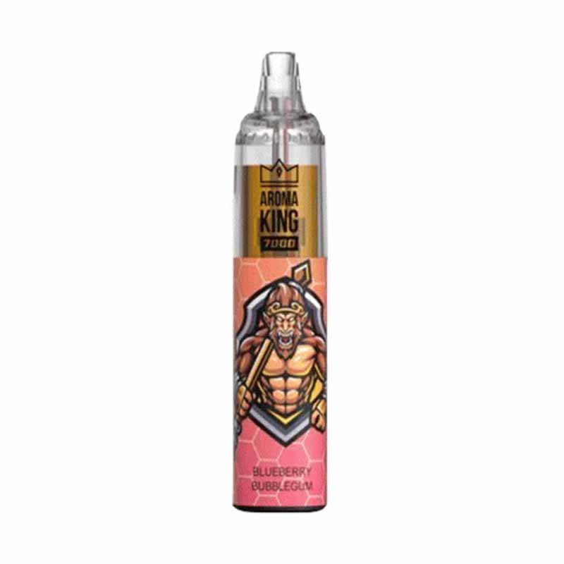  A bottle of Aroma king 7000 e-liquid featuring Blueberry Bubblegum, a colorful cartoon character, designed for 7000 puffs of vaping enjoyment.
