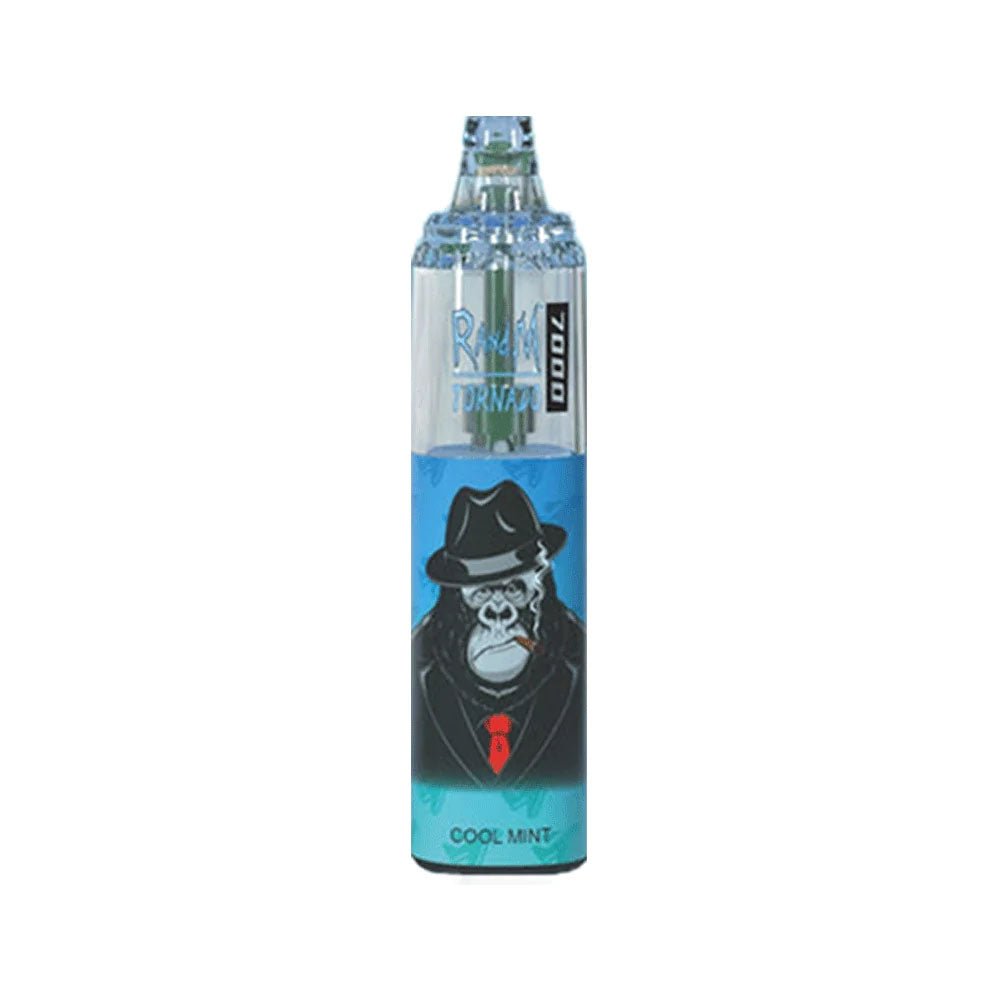  A bottle of R and M Tornado e-liquid featuring  Cool mint Flavour, a colorful cartoon character, designed for 7000 puffs of vaping enjoyment.
