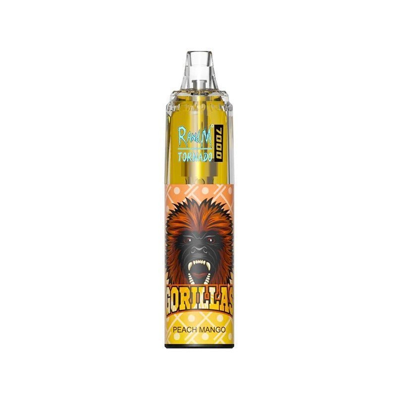  A bottle of RandM Tornado7000 e-liquid featuring Peach Mango Flavour , colorful cartoon character, designed for 7000 puffs of vaping enjoyment.