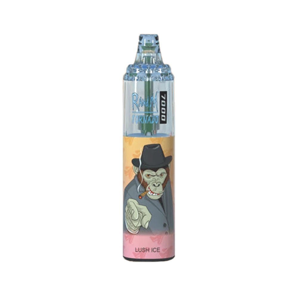  A bottle of R and M Tornado e-liquid featuring a colorful cartoon character, designed for 7000 puffs of vaping enjoyment.
