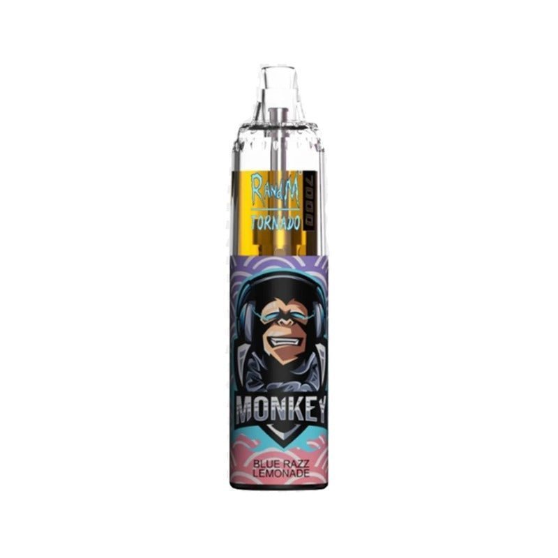  A bottle of RandM Tornado7000 e-liquid featuring  Blue Razz Lemonade Flavour , colorful cartoon character, designed for 7000 puffs of vaping enjoyment.