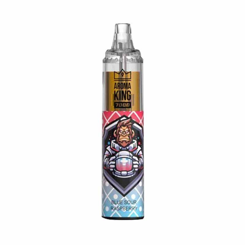  A bottle of Aroma king 7000 e-liquid featuring Blue Sour Raspberry Flavour, a colorful cartoon character, designed for 7000 puffs of vaping enjoyment.
