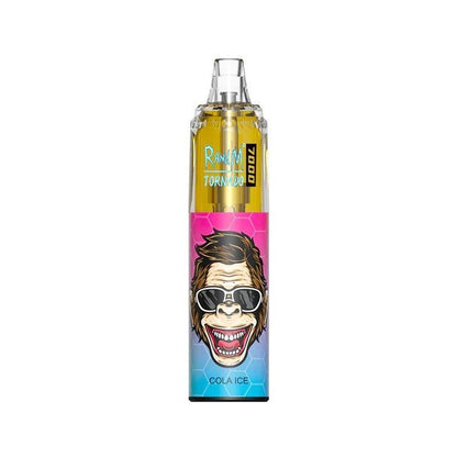  A bottle of RandM Tornado7000 e-liquid featuring Cola Ice Flavour , colorful cartoon character, designed for 7000 puffs of vaping enjoyment.