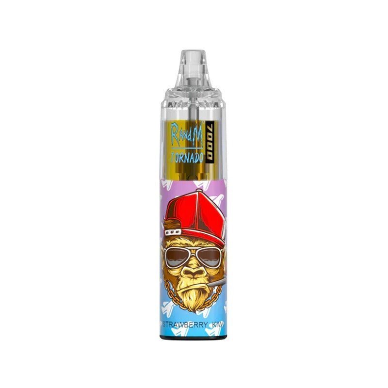  A bottle of RandM Tornado7000 e-liquid featuring  Strawberry Flavour , colorful cartoon character, designed for 7000 puffs of vaping enjoyment.