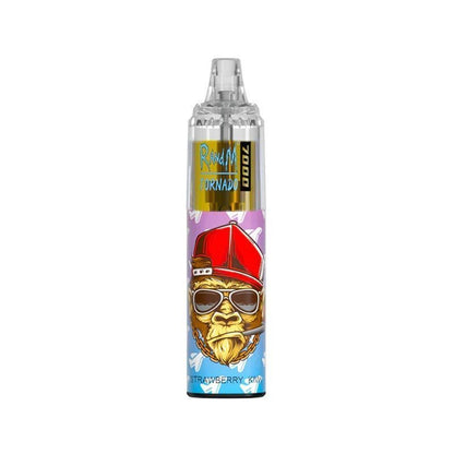  A bottle of RandM Tornado7000 e-liquid featuring  Strawberry Flavour , colorful cartoon character, designed for 7000 puffs of vaping enjoyment.