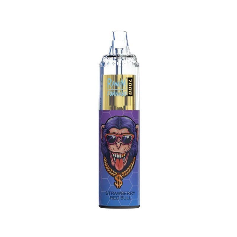  A bottle of RandM Tornado7000 e-liquid featuring  Strawberry Red Bull Flavour , colorful cartoon character, designed for 7000 puffs of vaping enjoyment.