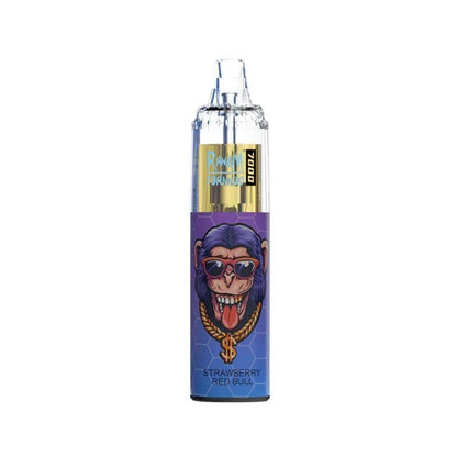  A bottle of RandM Tornado7000 e-liquid featuring  Strawberry Red Bull Flavour , colorful cartoon character, designed for 7000 puffs of vaping enjoyment.