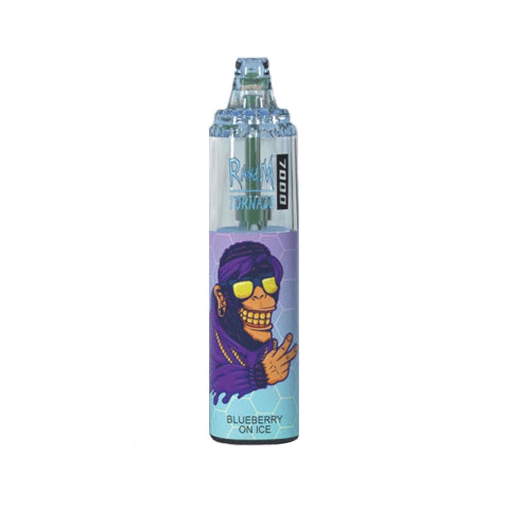  A bottle of R and M Tornado e-liquid featuring Blueberry on ice Flavour, a colorful cartoon character, designed for 7000 puffs of vaping enjoyment.
