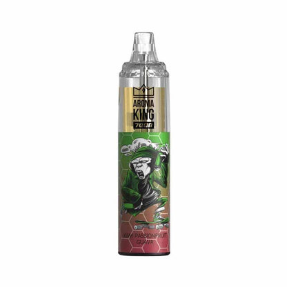 A bottle of Aroma king 7000 e-liquid featuring  kiwi Passionfruit Guava,  a colorful cartoon character, designed for 7000 puffs of vaping enjoyment.
