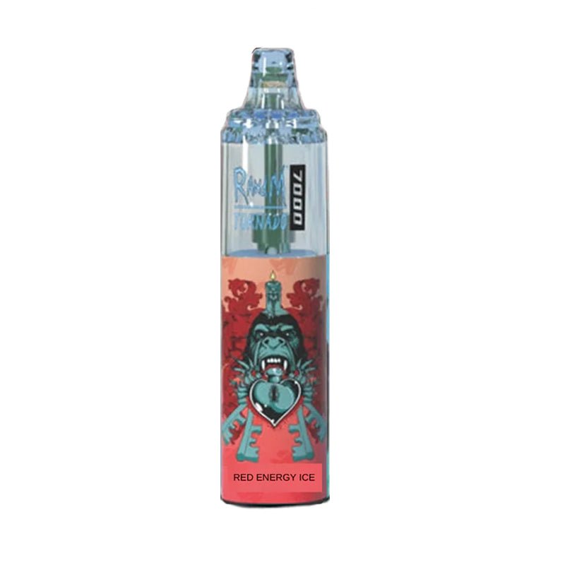  A bottle of RandM Tornado7000 e-liquid featuring Red energy Ice Flavour , colorful cartoon character, designed for 7000 puffs of vaping enjoyment.