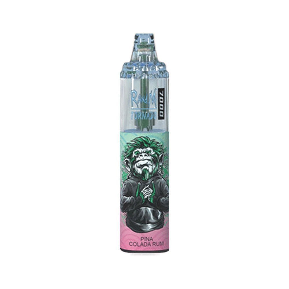  A bottle of R and M Tornado e-liquid featuring Pina Colada Rum Flavour ,a colorful cartoon character, designed for 7000 puffs of vaping enjoyment.
