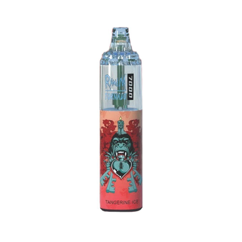  A bottle of R and M Tornado e-liquid featuring Tangerine Ice flavour, a colorful cartoon character, designed for 7000 puffs of vaping enjoyment.
