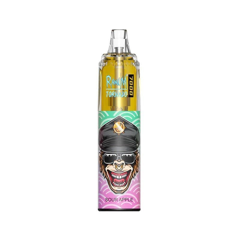  A bottle of RandM Tornado7000 e-liquid featuring  Sour Apple  Flavour , colorful cartoon character, designed for 7000 puffs of vaping enjoyment.