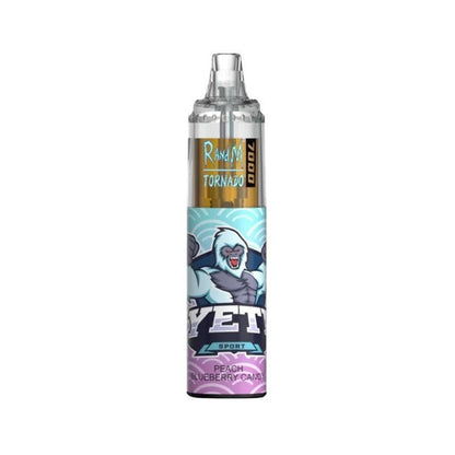  A bottle of RandM Tornado7000 e-liquid featuring  Peach Berry Candy Flavour , colorful cartoon character, designed for 7000 puffs of vaping enjoyment.