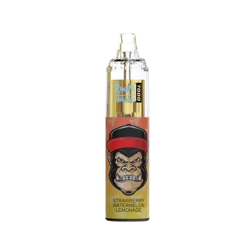  A bottle of RandM Tornado7000 e-liquid featuring  Strawberry Watermelon Lemonade Flavour , colorful cartoon character, designed for 7000 puffs of vaping enjoyment.