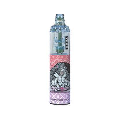  A bottle of R and M Tornado e-liquid featuring Strawberry Ice  Flavour, a colorful cartoon character, designed for 7000 puffs of vaping enjoyment.
