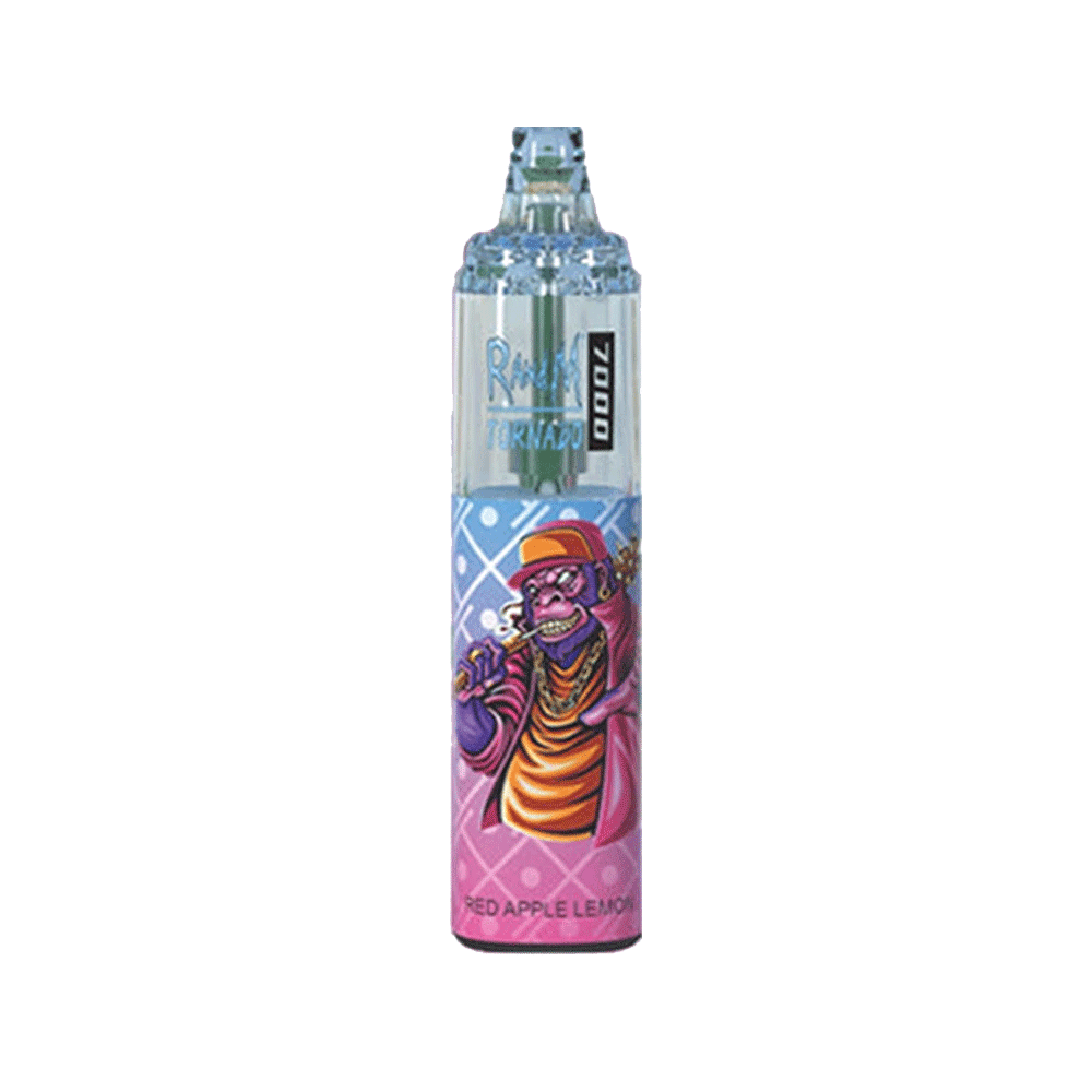  A bottle of R and M Tornado e-liquid featuring  Red Apple Lemon Flavour, colorful cartoon character, designed for 7000 puffs of vaping enjoyment.