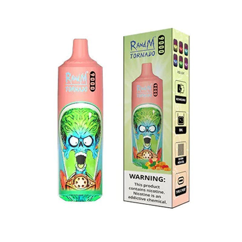 Bottle of  RandM Tornado 9000 puffs of pink colour adorned with a cheerful cartoon character, designed to attract attention and delight consumers.