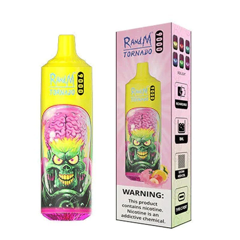 Bottle of  RandM Tornado 9000 puffs of Yellow colour adorned with a cheerful cartoon character, designed to attract attention and delight consumers.