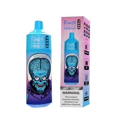 Bottle of  RandM Tornado 9000 puffs of Blue colour with Box adorned with a cheerful cartoon character, designed to attract attention and delight consumers.