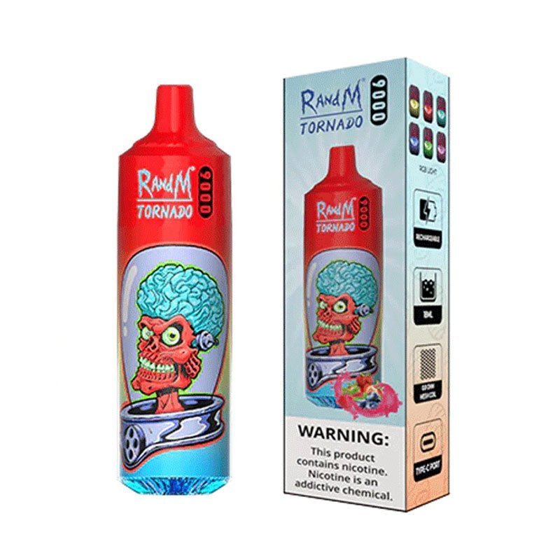 Bottle of  RandM Tornado 9000 puffs of Red colour adorned with a cheerful cartoon character, designed to attract attention and delight consumers.